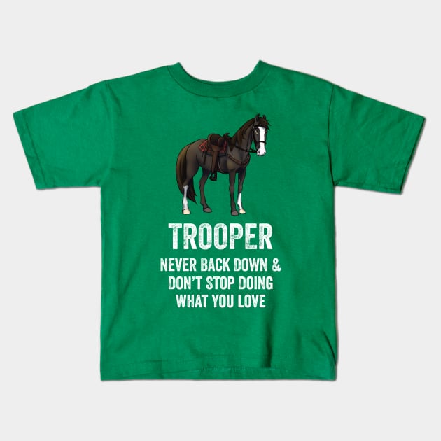 Fancy Forest Farm • Trooper - Never Give Up • White Text Kids T-Shirt by FalconArt